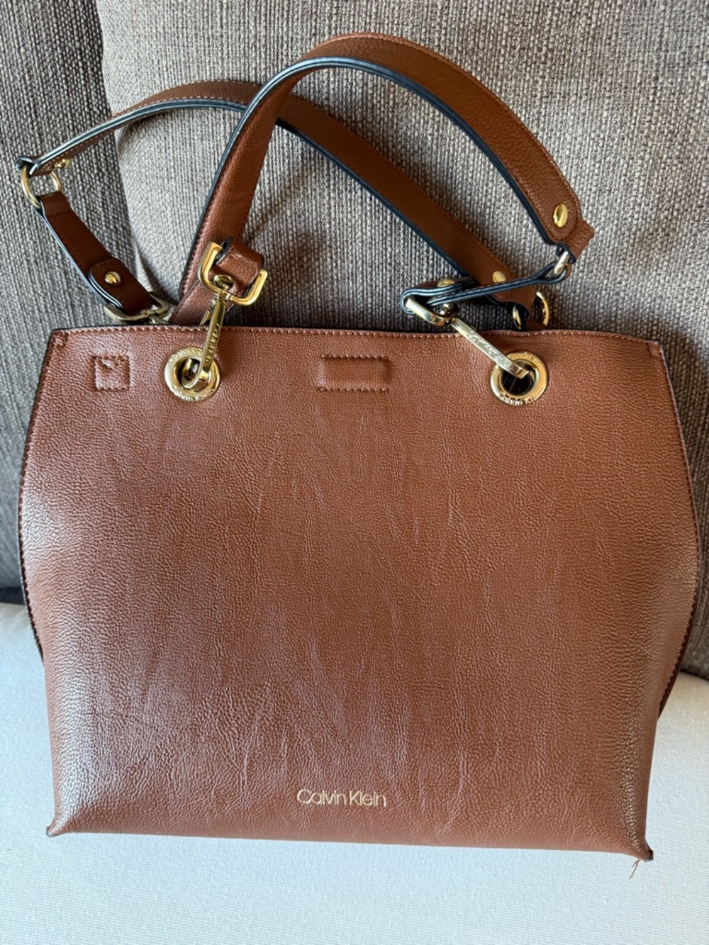Calvin Klein Classic Tan Faux Leather Double Handled Satchel